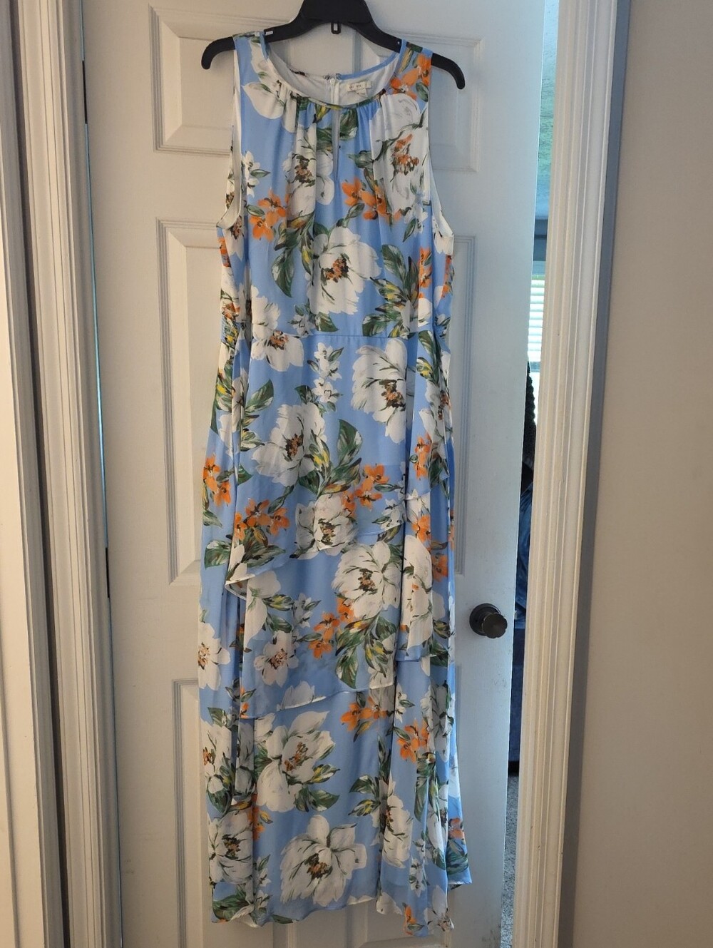 Light Blue Floral Maxi Dress with Orange and White Blooms